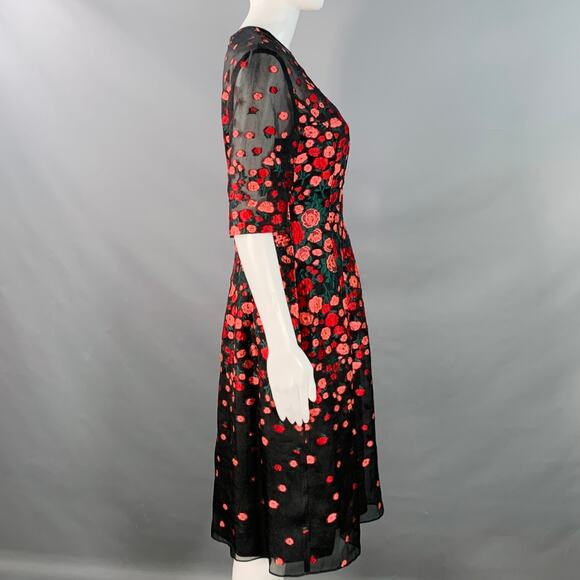 LELA ROSE Size 6 Black Red Silk Blend Floral Evening Cocktail Dress - Picture 3 of 11